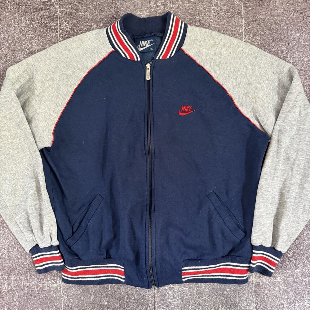 Men's Vintage 80's Nike Navy Blue Red Heather Gray Full Zip Up Sweatshirt Sz XL